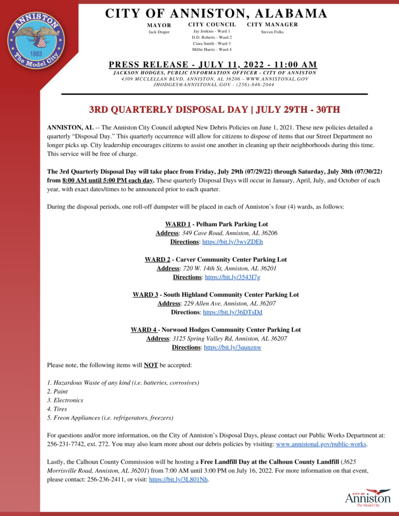 City of Anniston 3rd Quarterly Disposal Day July 29th-30th-4
