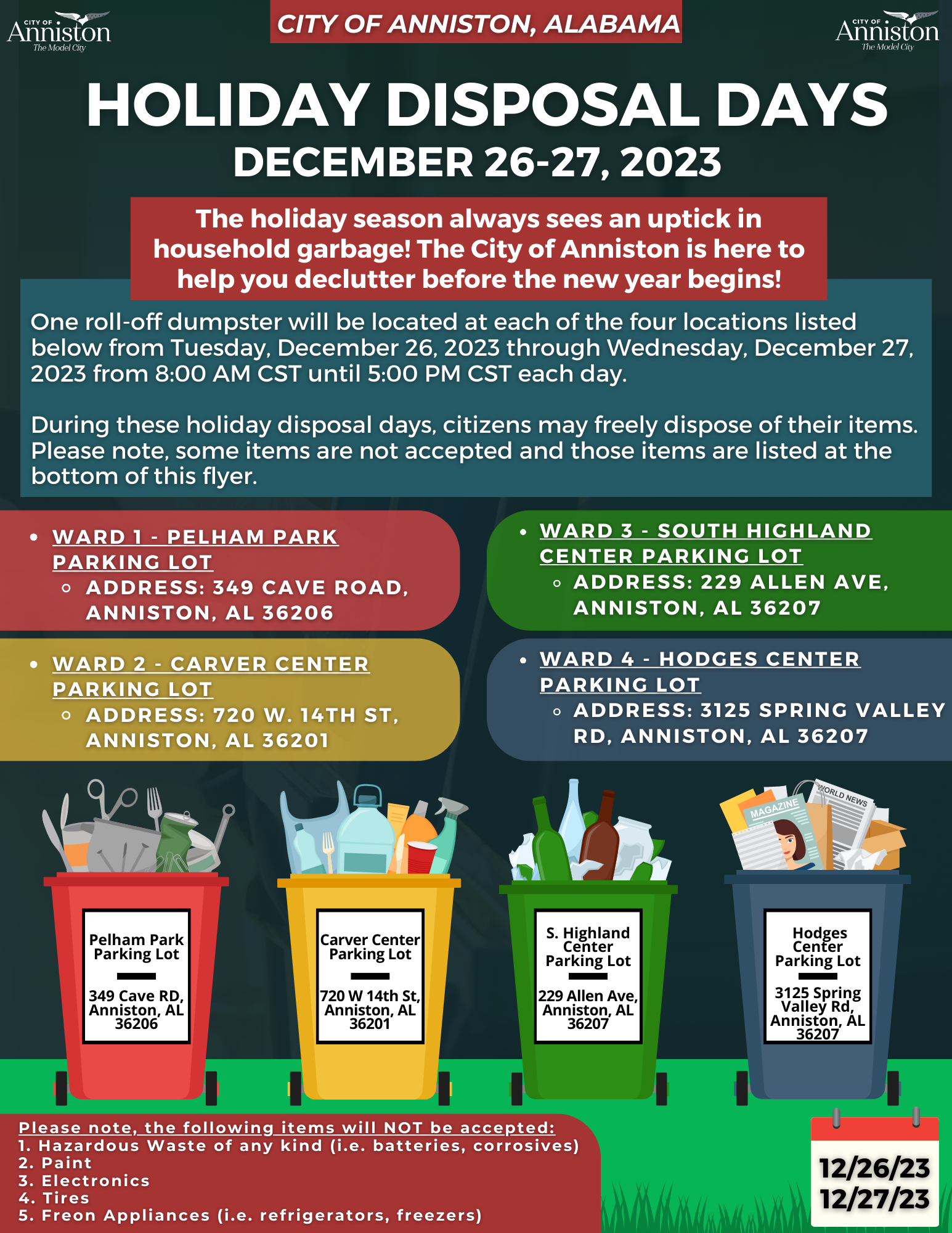 City of Anniston Holiday Disposal Days 122623 & 122723