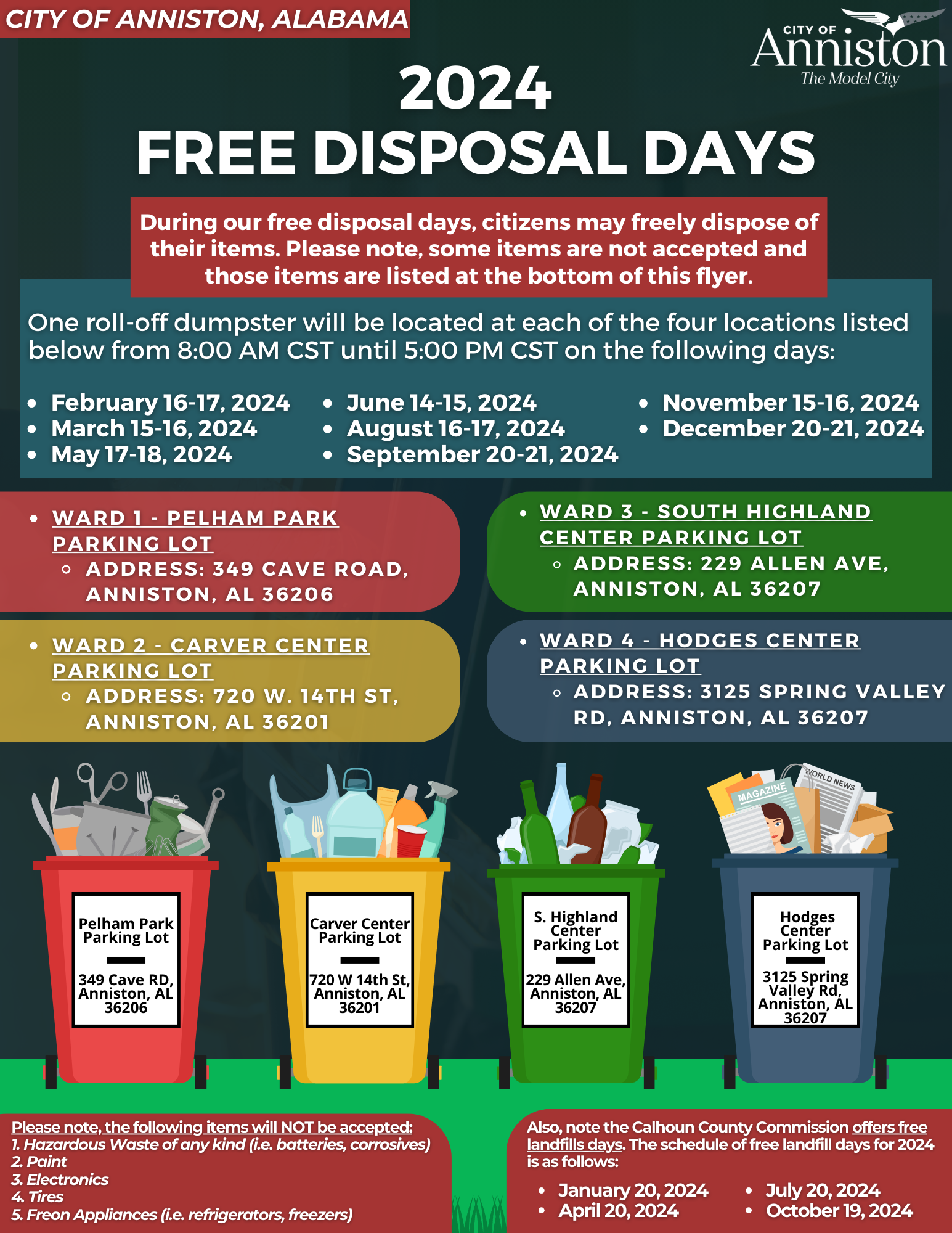 City of Anniston 2024 Free Disposal Disposal Day Schedule
